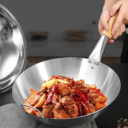 Wok de Aço Inoxidável com Cabo de Faia Anti-Queimadura Fundo Redondo Utensílio de Cozinha para Fogões a Gás 32cm