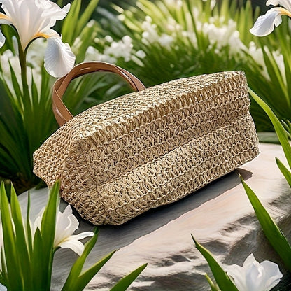 Fashionable and Versatile Women's Woven Bag with Zipper for Travel, Large Capacity Beach Bag, Handbag
