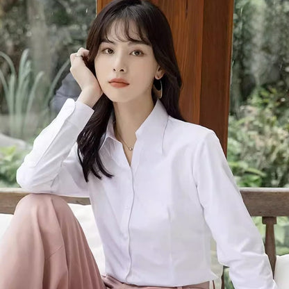 Professional White Shirt Women Office Lady Slim Fit Formal Blouse Woman Daily Commuter Simple Versatile Square Collar Base Shirt