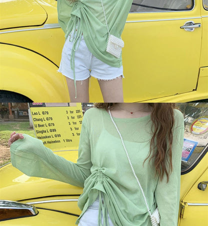 Women's 2025 Women's Summer New Beach Long sleeved Sunscreen Jacket Loose Hoodie Drawstring Upward Shirt