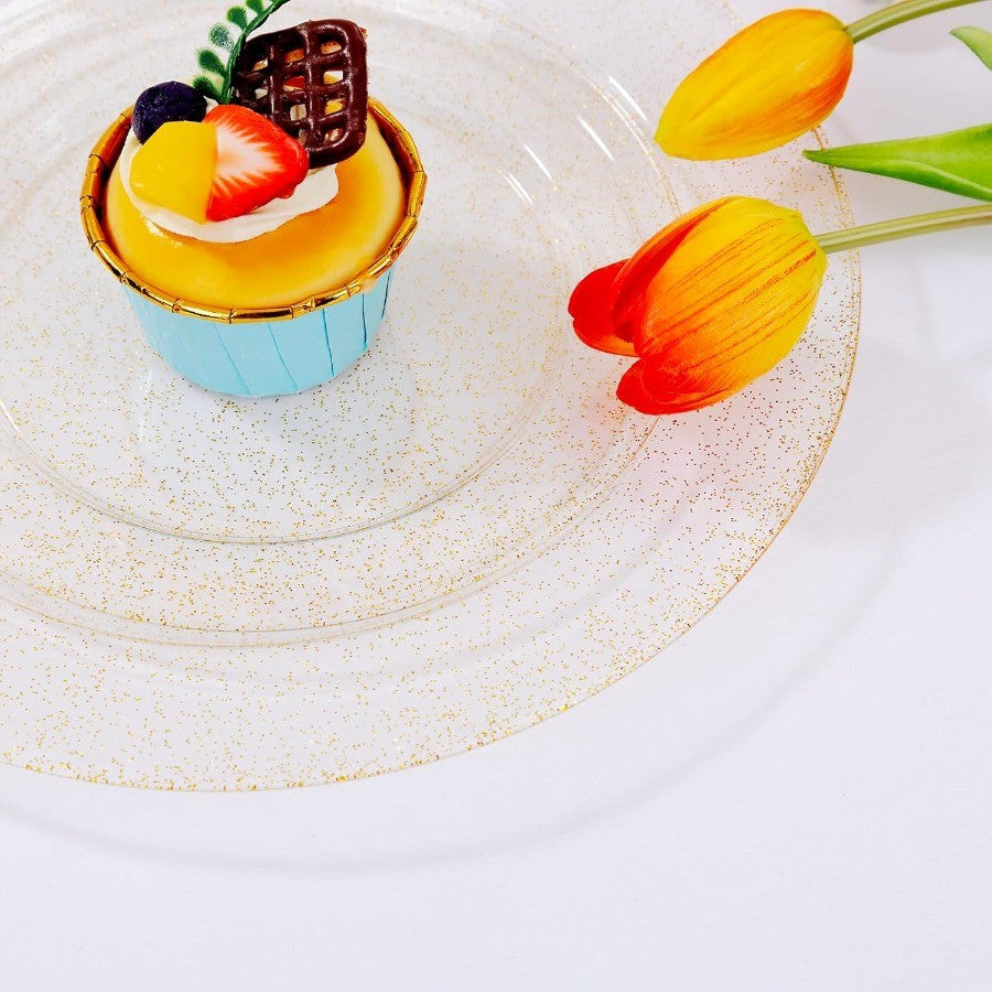 700 Pcs Gold Glitter Plastic Dinnerware Sets Disposable Plates for Party Include: 100 Dinner Plate 100 Dessert Plate 100 Paper