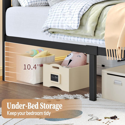 Full Size Metal Bed Frame with LED Lights, Storage Headboard with Charging Station, Modern Full Platform Bed with Heavy