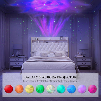 Cama Queen LED com 2 Gavetas de Armazenamento, Plataformas Estofadas em PU com Projetor Estrelas Galáxia Estação de Carregamento e Alto-falante, Au