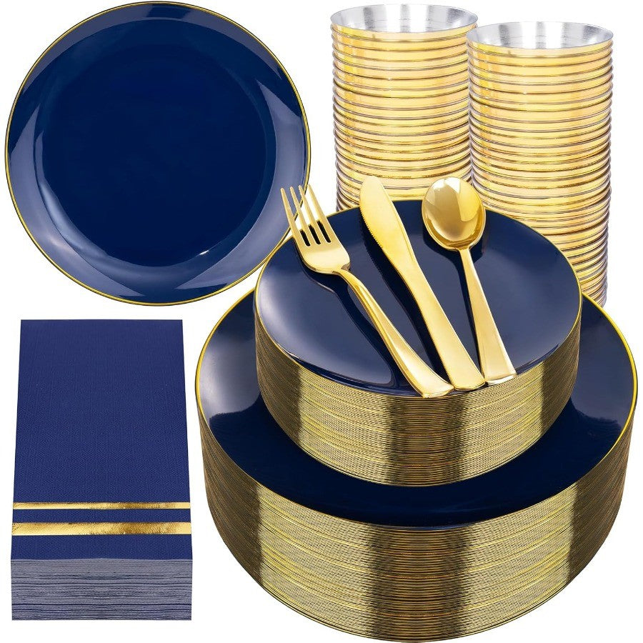 350PCS Navy Blue Plastic Plates Blue Disposable Dinnerware Set for 50 Guests 100 Dinner Dessert Plates 150 Gold Silverware 50 C