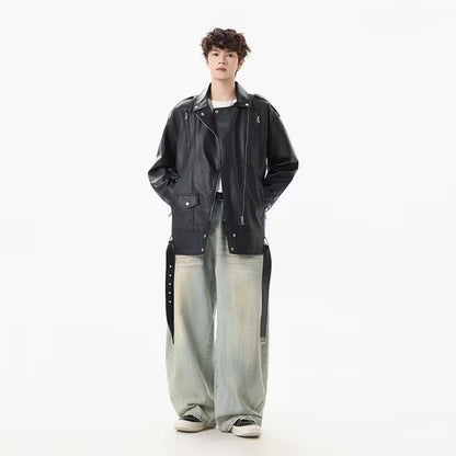 American Retro High Street Loose Motorcycle Biker Black Pu Faux Leather Jackets with Belt Spring Autumn Male Zipper Coat Outwear