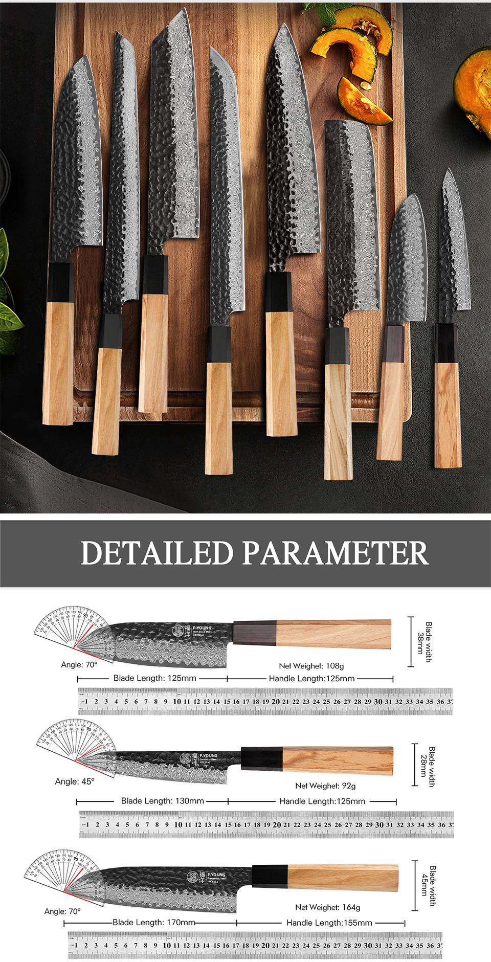 F.YOUNG Damascus Steel Kitchen Knives Japanese Hand Forged Chef Knife Vegetable Slicing Sashimi Utility Kitchen Cooking Tools