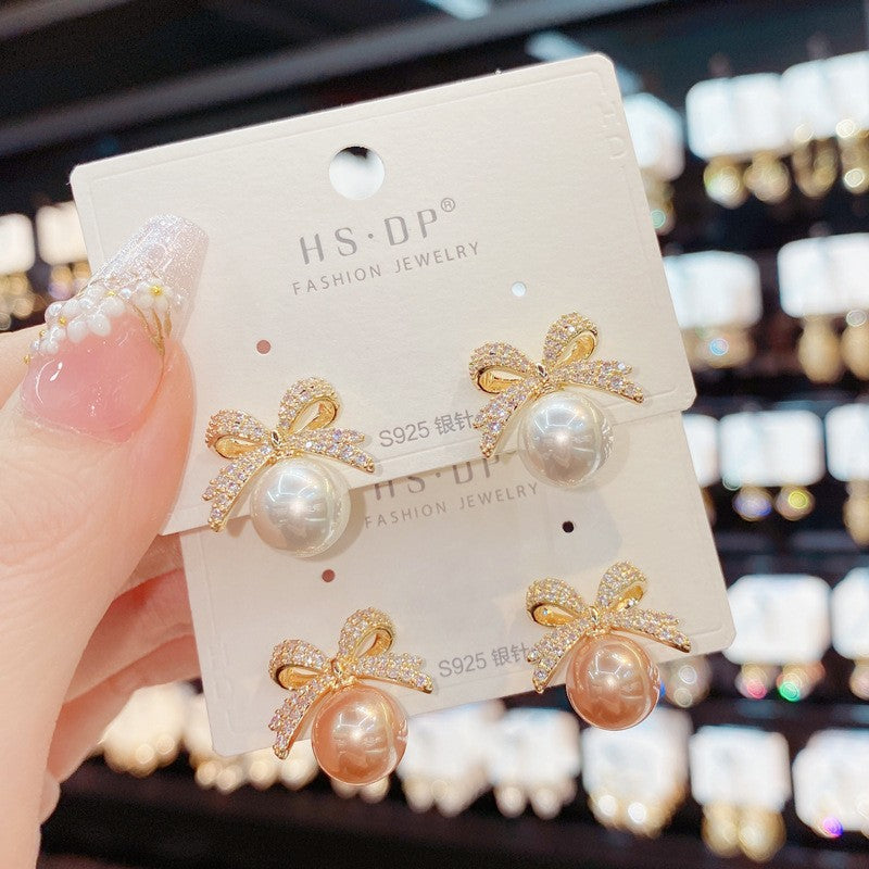 Brincos de Pérolas com Laço de Strass Brilhantes Joias Femininas Modernas de Luxo Presentes de Aniversário de Casamento
