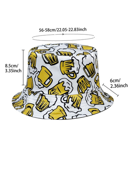 Beer Cheers Party Bucket Hat, Reversible Wear Foldable Lightweight Design,Cartoon Pattern Basin Hat,Unisex Casual Sun Hat for Beach and Festival Party Use