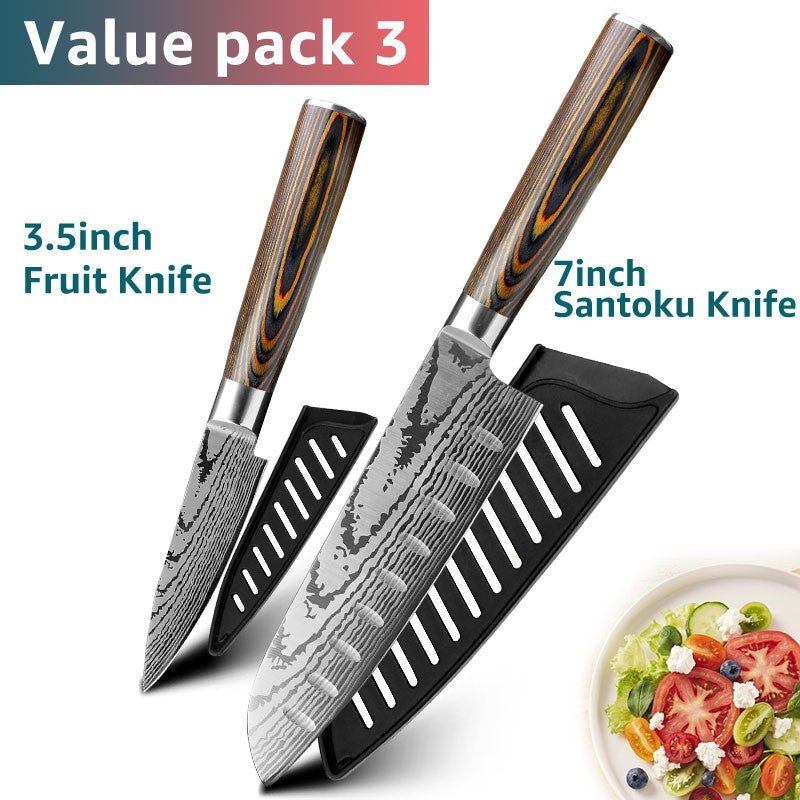 Conjunto de Facas de Cozinha 1-7PÇS Faca de Chef Japonesa Santoku 7CR17 Aço Inoxidável 440C Faca de Imitação de Damasco Cutelo de Carne Fatiador