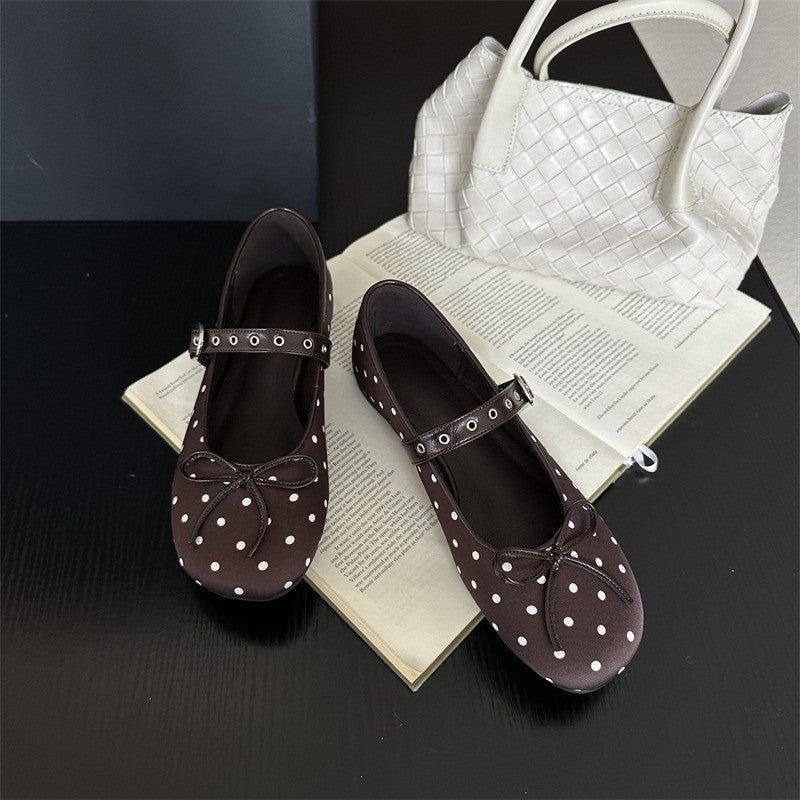 Designer Polka Dot Ballet Flats for Women Sweet Bow Decoration Elegant Mary Jane Shoes Fashion Buckle Shallow Comfort Dress Shoe
