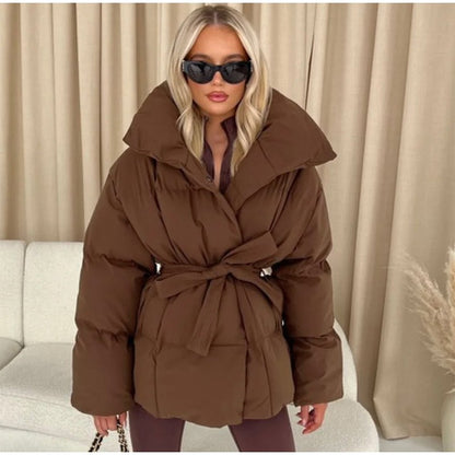 Solid Lapel Lace Up Cotton Coat Women Fashion Long Sleeve Warm Loose Pocket Short Coats Lady New Winter Commute Street Outwears