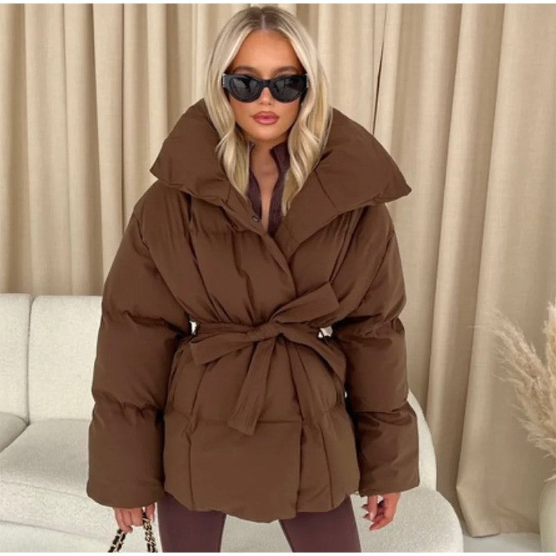 Solid Lapel Lace Up Cotton Coat Women Fashion Long Sleeve Warm Loose Pocket Short Coats Lady New Winter Commute Street Outwears