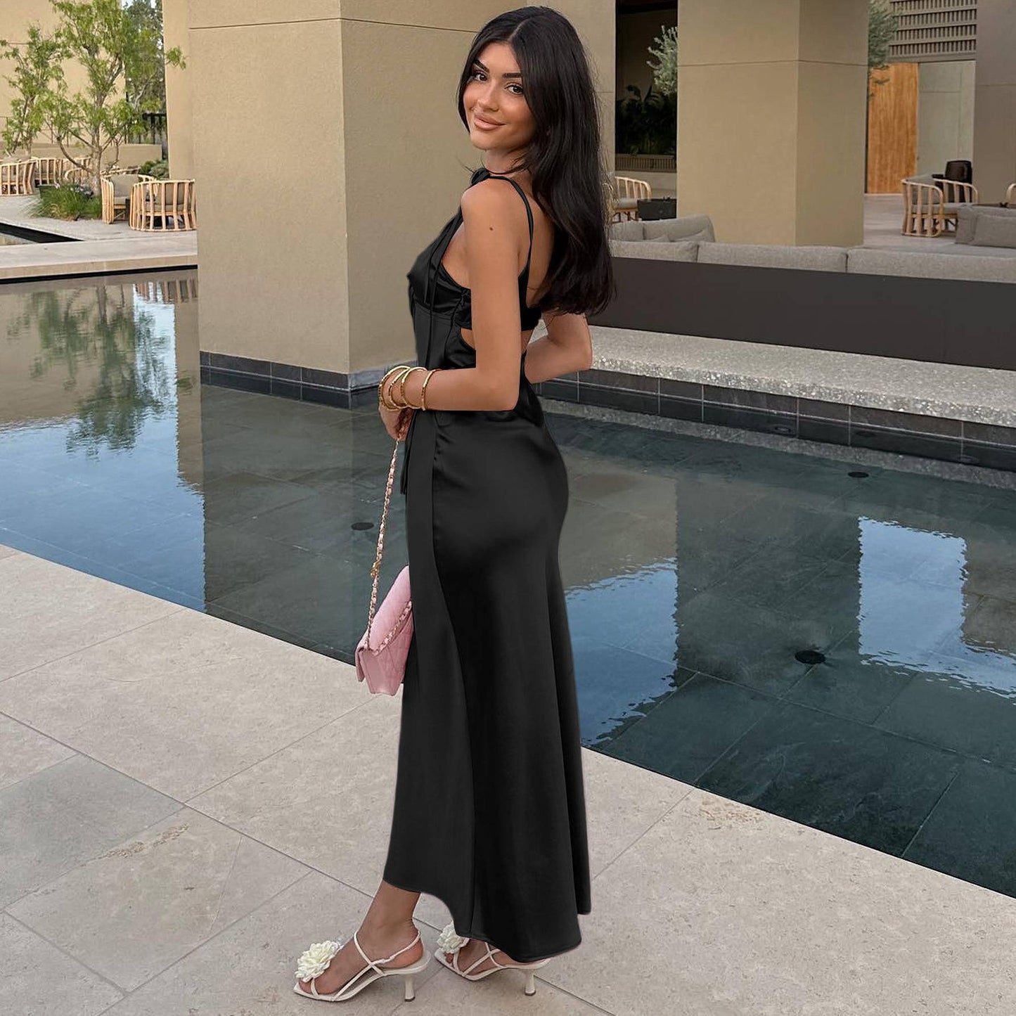 Dulzura Backless Lace Up Spaghetti Straps Cut Out Midi Dress Women Club Holiday
