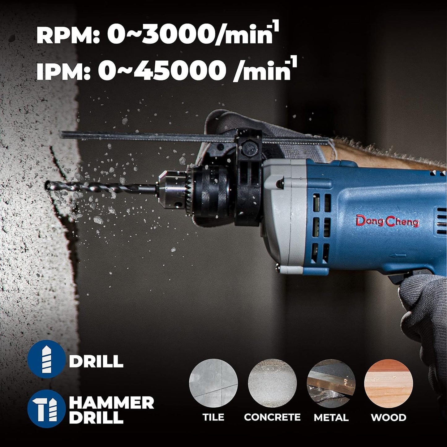 Furadeira de Impacto 6A com Mandril com Chave de 1/2 Polegada, Furadeira de Impacto 0-3000 RPM para Parede de Tijolo, Metal e Madeira, Inclui 15 Peças de Brocas