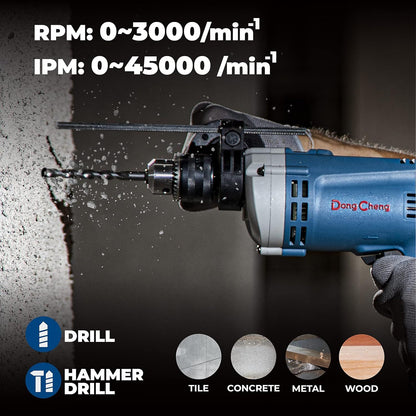 Furadeira de Impacto 6A com Mandril com Chave de 1/2 Polegada, Furadeira de Impacto 0-3000 RPM para Parede de Tijolo, Metal e Madeira, Inclui 15 Peças de Brocas