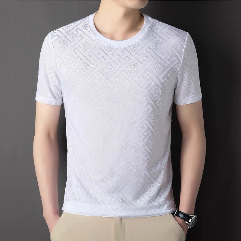 2024 Summer Ice Silk Men's Jacquard Short Sleeve T-shirt High end Brand Fashion Jacquard Cool Breathable Casual Round Neck Top
