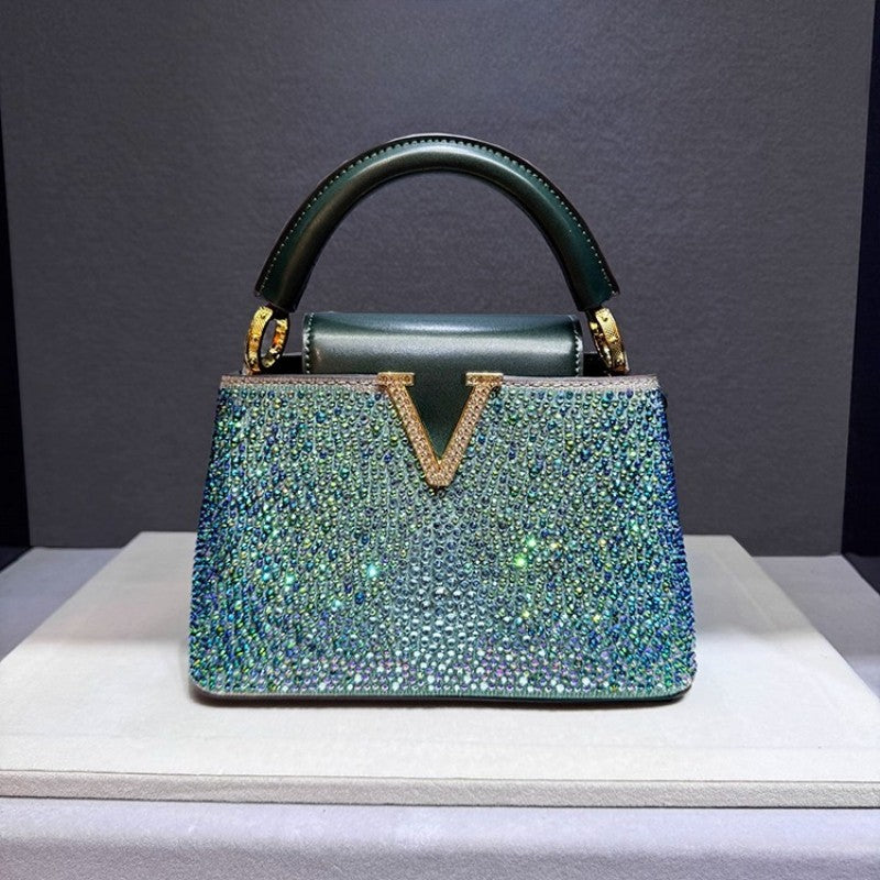 Luxury Brand Leather Diamond Handbag Rhinestone Shoulder Cross-body Tote Bags for Women Bolso Marca Lujo