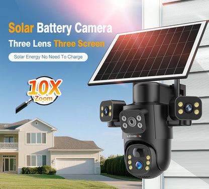 LS VISION 4G / WiFi Solar Camera 3Lenses Outdoor 15MP 4K Low Power Battery IP Camera PIR Night Vision V380 Pro CCTV Security