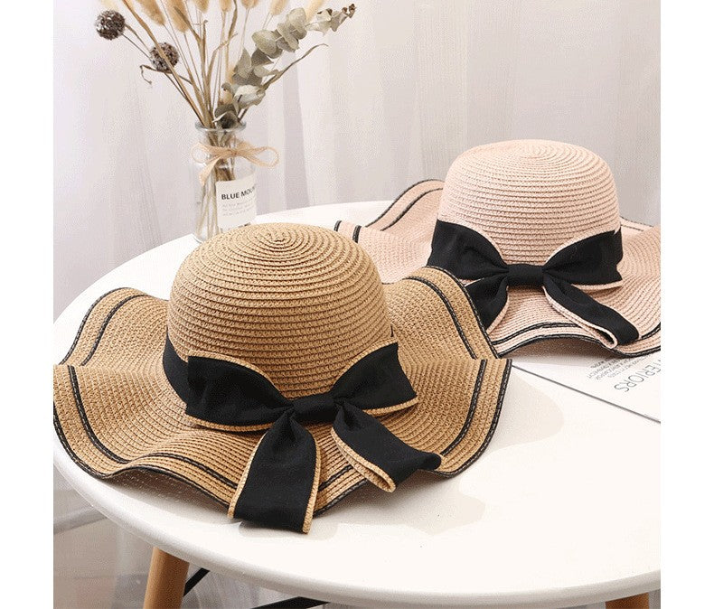 Beach HatJapanese Everything Hairy Edge Straw Hat Female Summer dome  Top Outing Sun Hat Small Fresh Bow Sun Shade Beach Hat