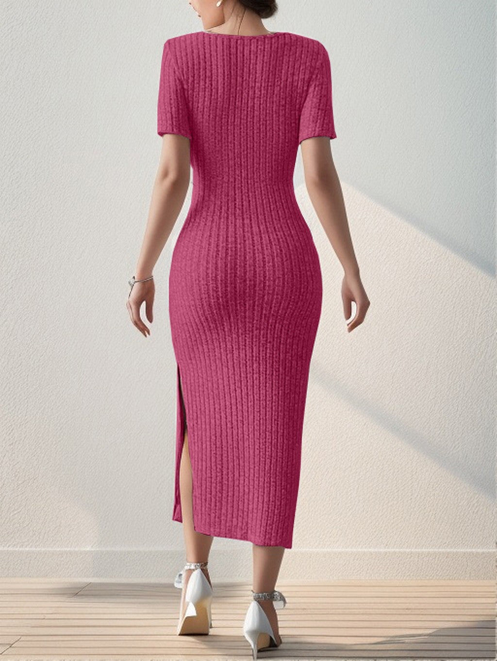 Summer Square Neck, Hip-Hugging Mid-Length Skirt, Short-Sleeved, Versatile Knitt