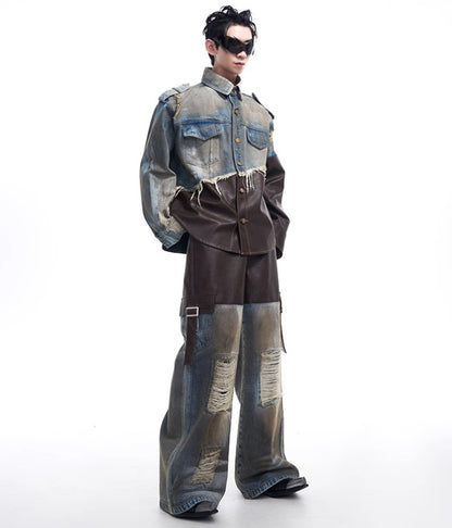 2024 American vintage do old piece-leather destruction denim jacket men fall dirty jacket