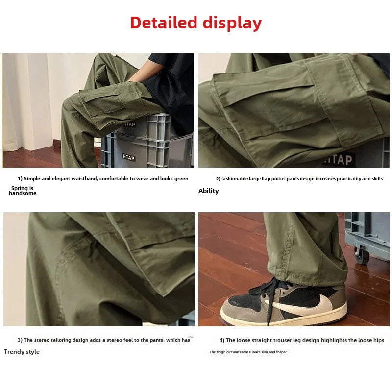 Military Green Amei Kao Men's Cargo Pants Summer Japanese Style Oversize Vintage Heavy Straight-leg Casual Pants