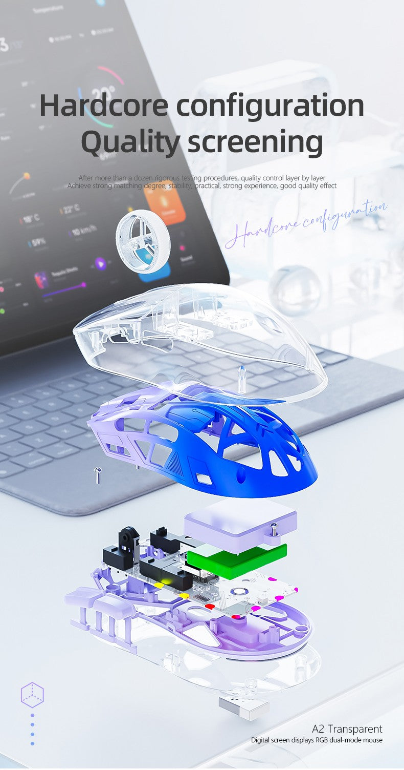 Mouse Bluetooth A2 com tela digital transparente RGB, conexão sem fio de modo duplo, compatível com Win/Mac