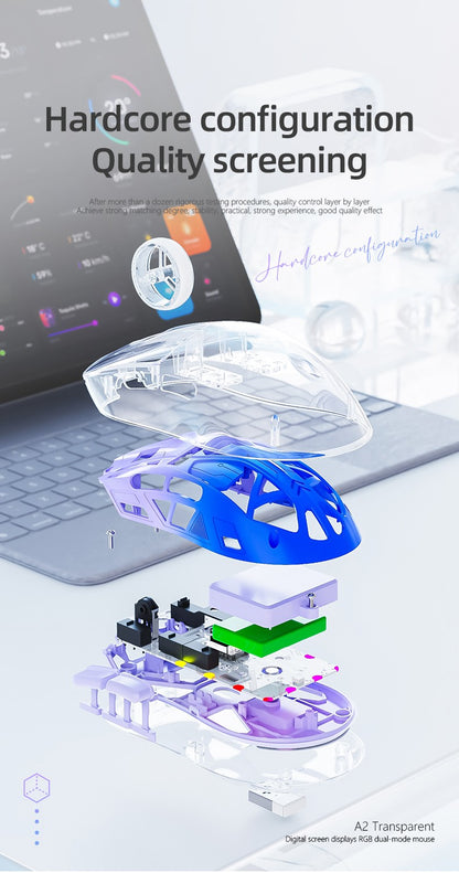 Mouse Bluetooth A2 com tela digital transparente RGB, conexão sem fio de modo duplo, compatível com Win/Mac