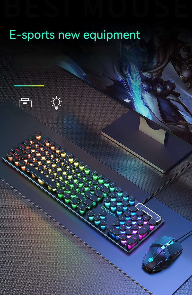 Teclado Gamer EWEADN GX330 Typewriter, 104 Teclas Retro Punk com Teclas Redondas com Fio, com Luz de Fundo RGB, para PC Laptop Windows preto