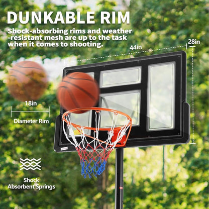 10FT Adjustable Height Portable Basketball Hoop Outdoor for Adult, 44 Inch Shatterproof Backboard w/Shock Absorbent Rim