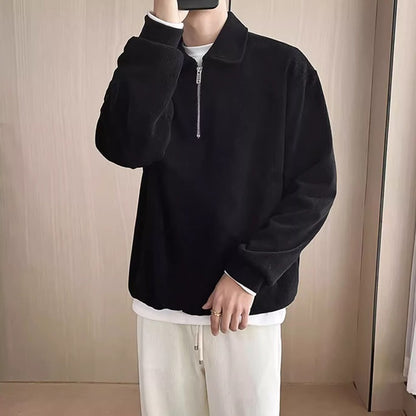 Autumn Vintage Polo Collar Sweater Men's Thickened Loose-Fit Half Zipper Knitwear New Anti-Pilling Flip Pullover Knit Sweaters