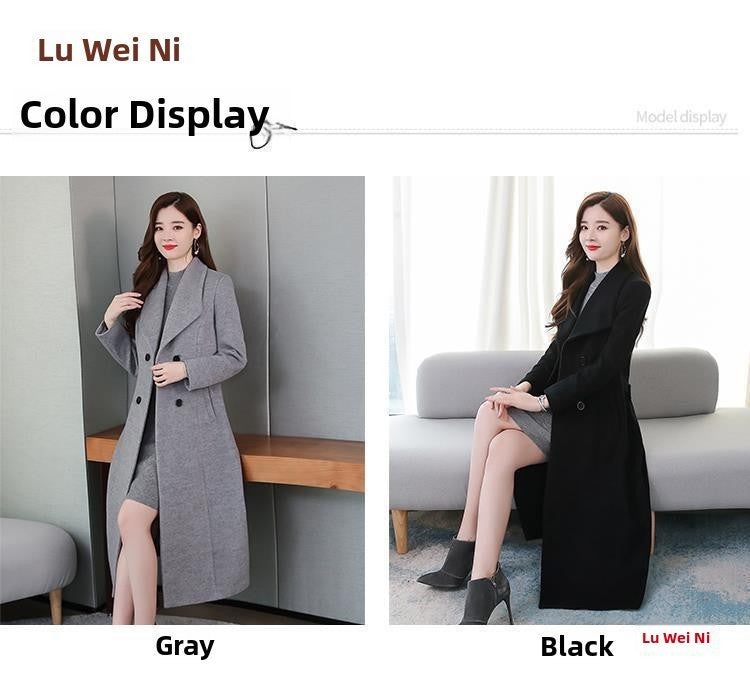 Plus Size Women's Overcoat Long Thickened Woolen Coat Long Collar Slim Fit Waist Cinched Outerwear Spring Autumn New Style Ho...