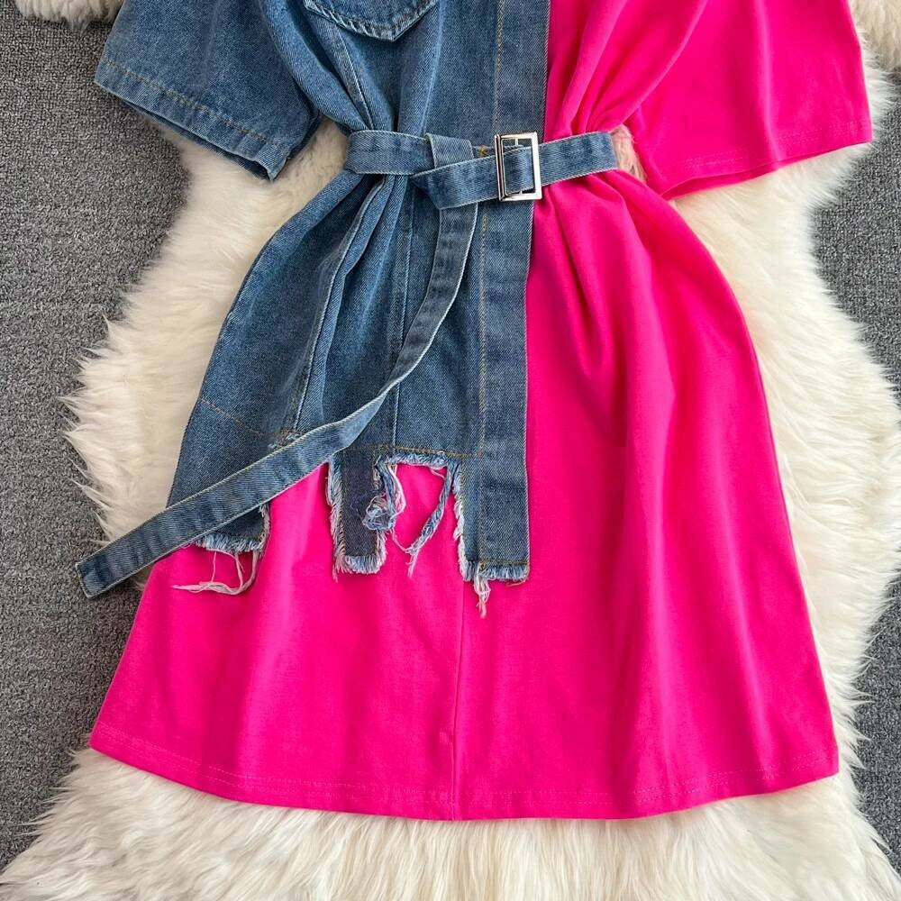 XFPV Women's Sweet high Waist Wrap Belt Round Neck patchwork Denim Shirt  Chic Top Y2k Korean Fashion Spring Summer 2025 SM11327