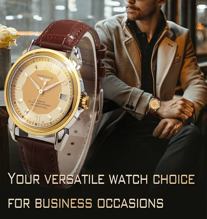 LONGLUX automatic man watch business leisure dating mechanical wristwatches day date waterproof leather  mens watch men gift
