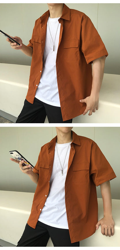 Summer Basic Shirts for Men 2025 New Half Sleeve Cargo Shirts Loose Casual Lapel Cardigan Tops Male Shirt Coats Retro Streetwear