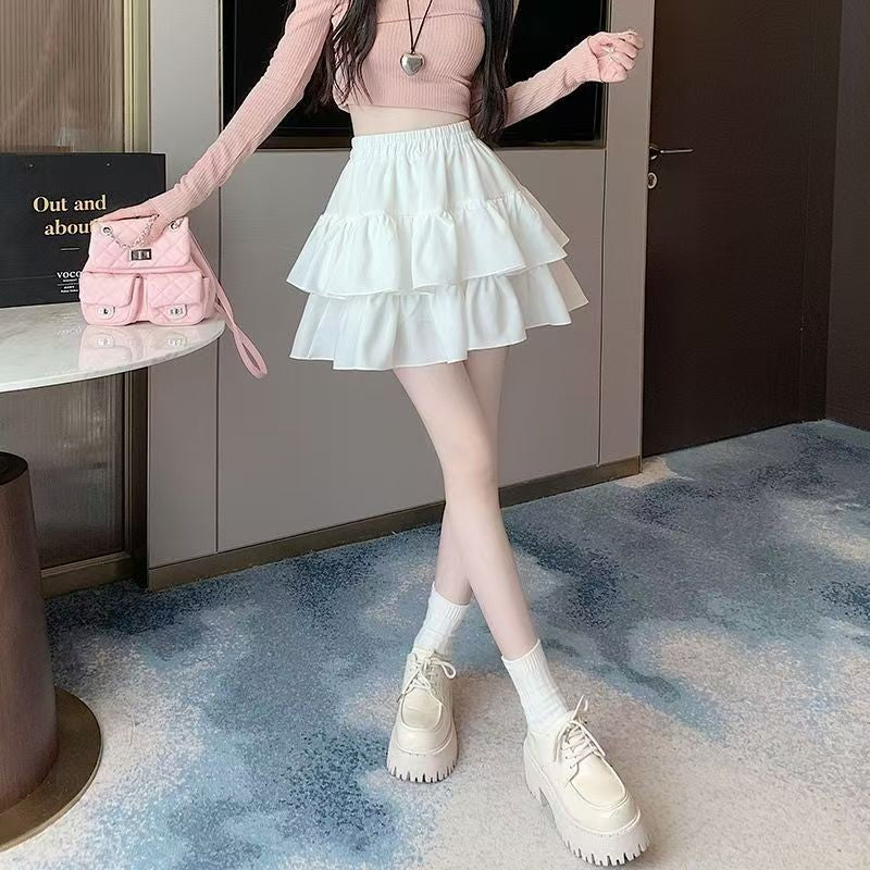 Korean Chic Y2K Sweet Girl's White Princess Mini Skirt Ballet-style Tiered Skirt Elastic High Waist Cake Skirt Shorts All-match