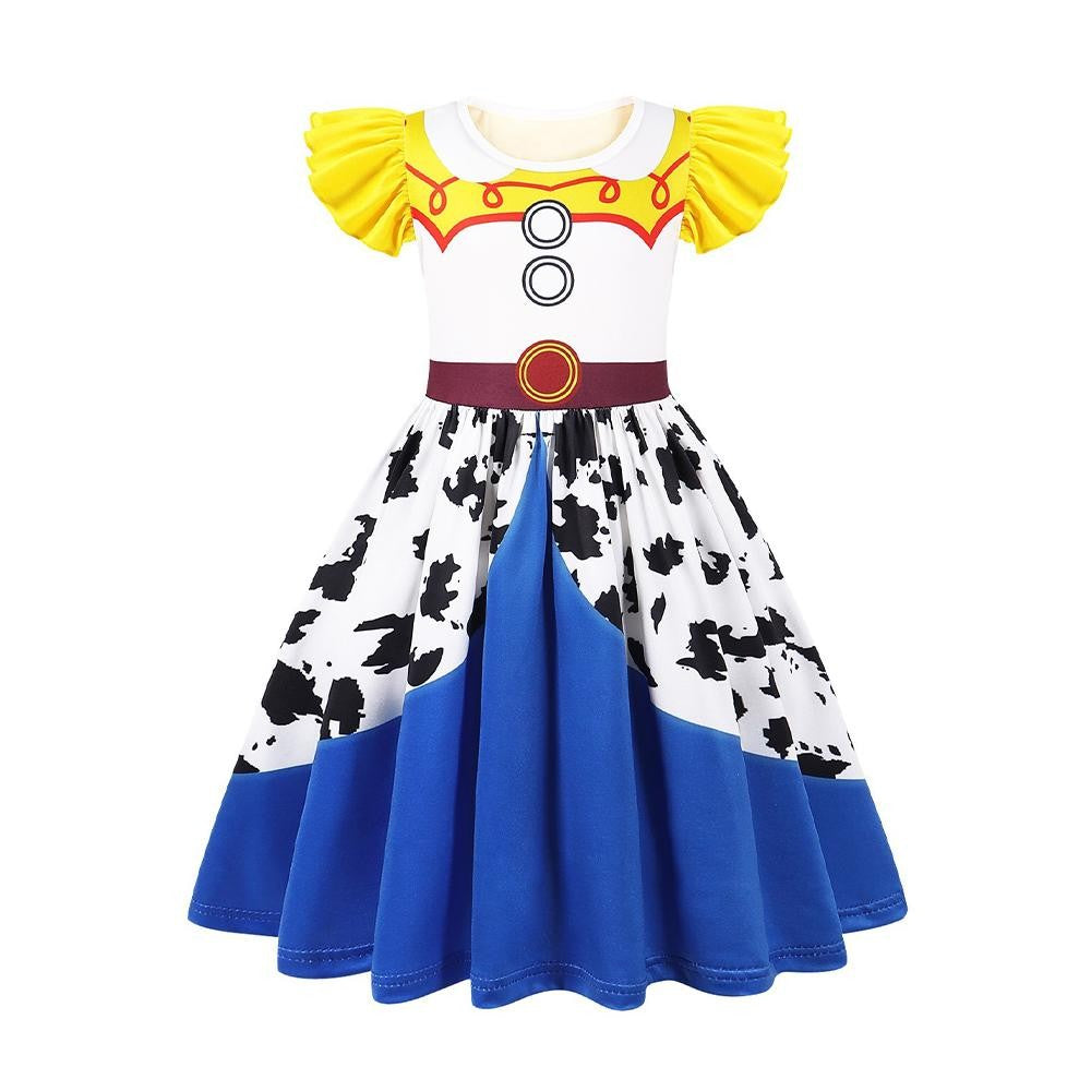 New Western-Style Dress Cartoon Movie Cosplay Dress Milk Silk 3D Digital Print Ruffled Puff Sleeves Summer Halloween Party Set