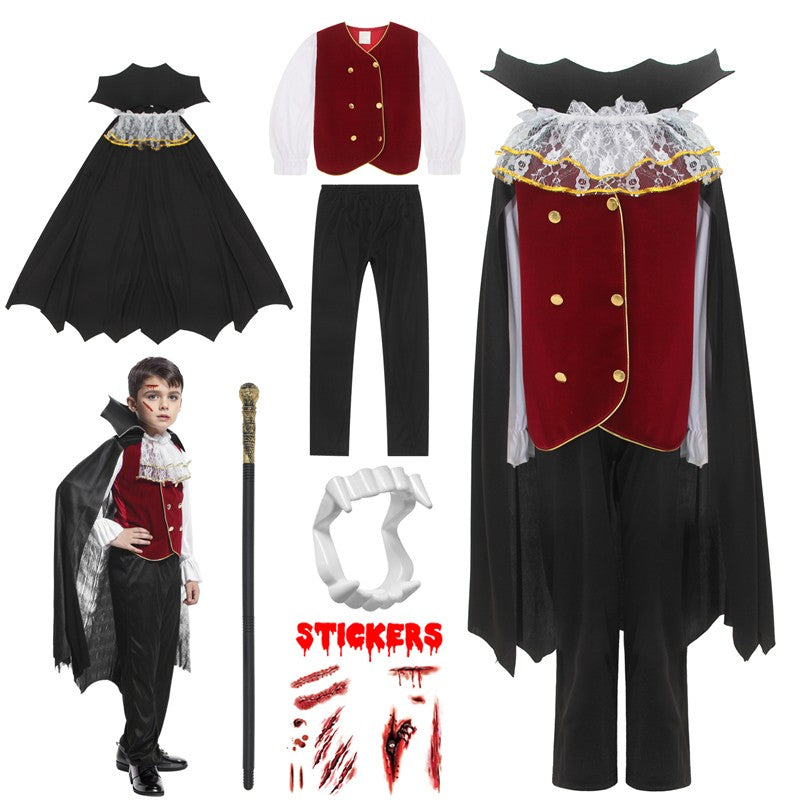 Kids Vampire Cosplay Costume for Boys Men Halloween Carnival Party Costumes with Walking Cane Stickers False Teeth
