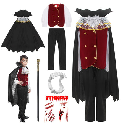 Kids Vampire Cosplay Costume for Boys Men Halloween Carnival Party Costumes with Walking Cane Stickers False Teeth