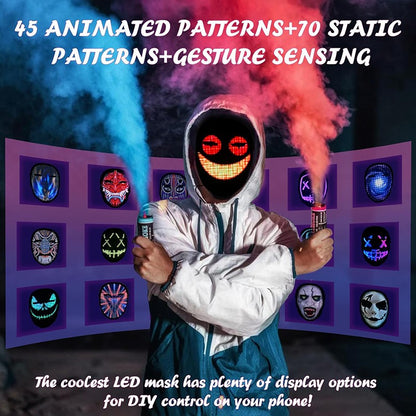 Led Mask with Gesture Sensing,Bluetooth APP Control Programmable Smart Display Face Transforming Light Up Halloween Mask
