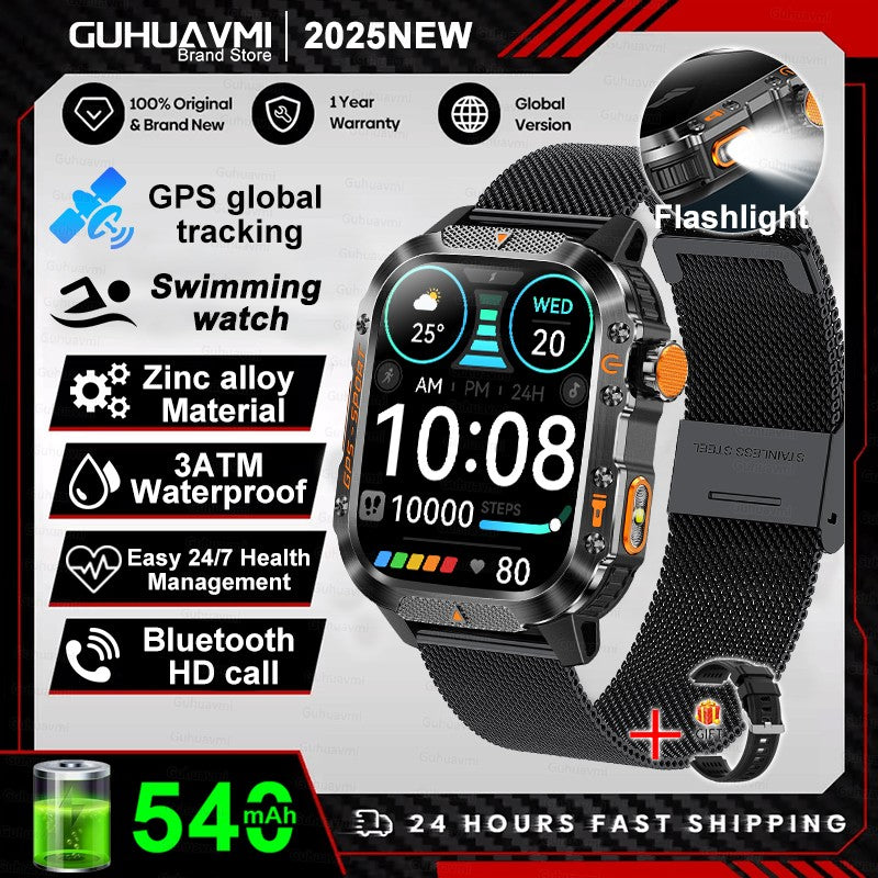2026 Novas pulseiras inteligentes militares de GPS para ambientes externos, bússola masculina, frequência cardíaca, chamada BT, lanterna LED, Smartwatch à prova d'água 10ATM para natação