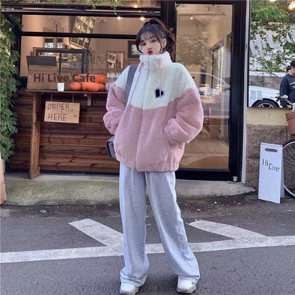 Plus Size Ladies Thickened Lamb Velvet Jacket Autumn Winter Loose Fit Splicing Cotton Coat Korean Style High School Student F...