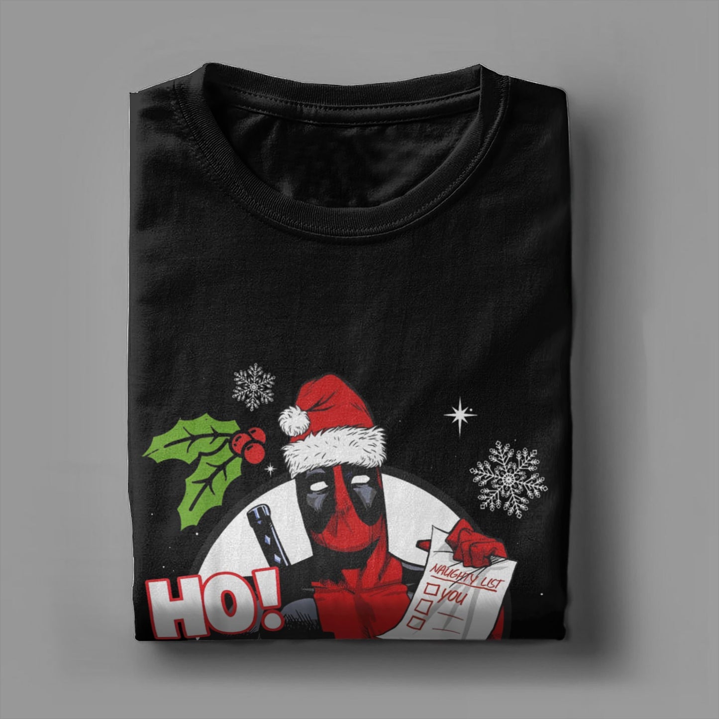 Men's Deadpool Santa Naughty List Christmas Graphic T Shirts HO! 100% Cotton Tops Novelty Short Sleeve O Neck Tees Gift T-Shirt