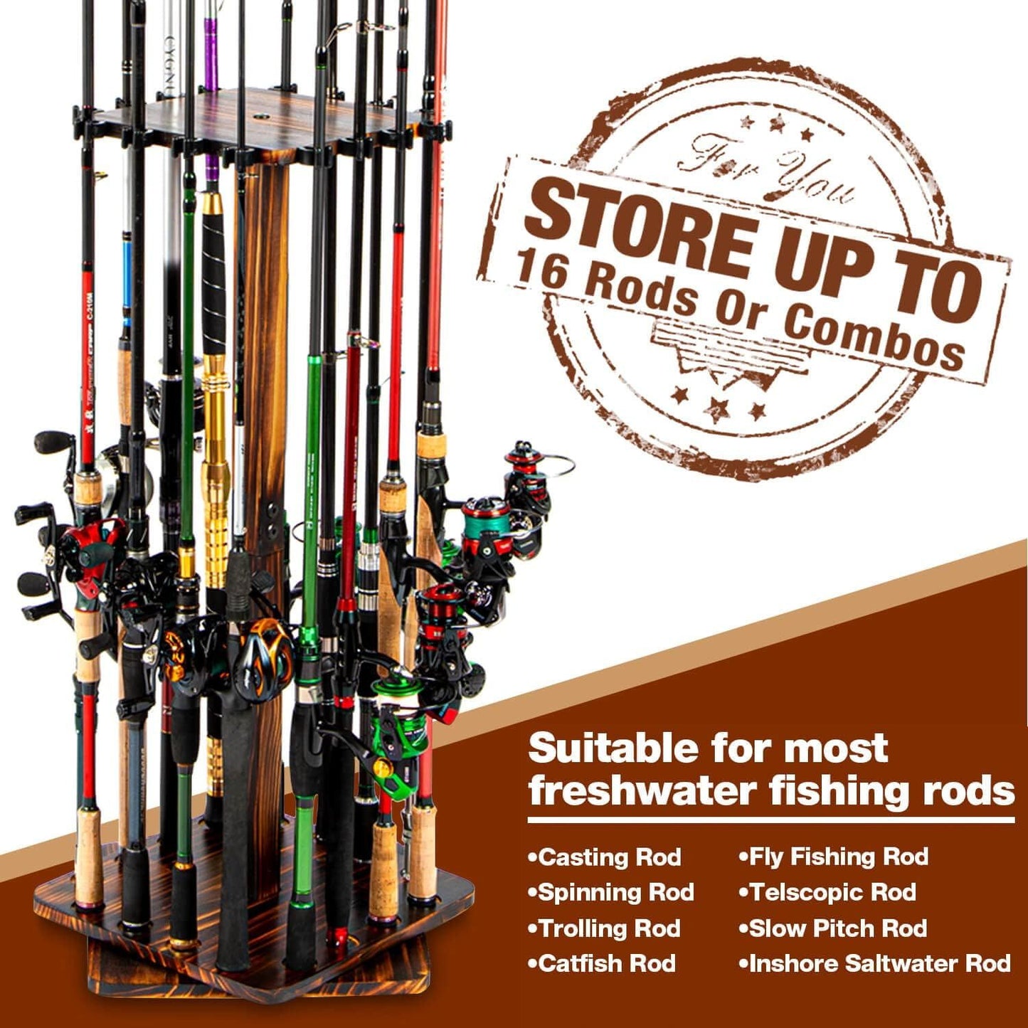 Suportes para Vara de Pesca para Garagem, Rack Giratório de 360 Graus para Varas de Pesca, Suporte de Chão para até 16 Varas