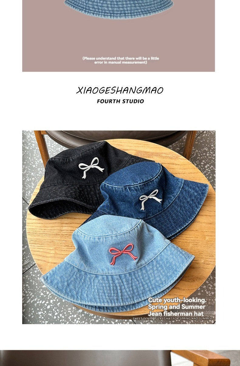 A Fisherman's Hat Three-Dimensional Embroidery Bow Travel Shopping Washed Denim Basin Hat