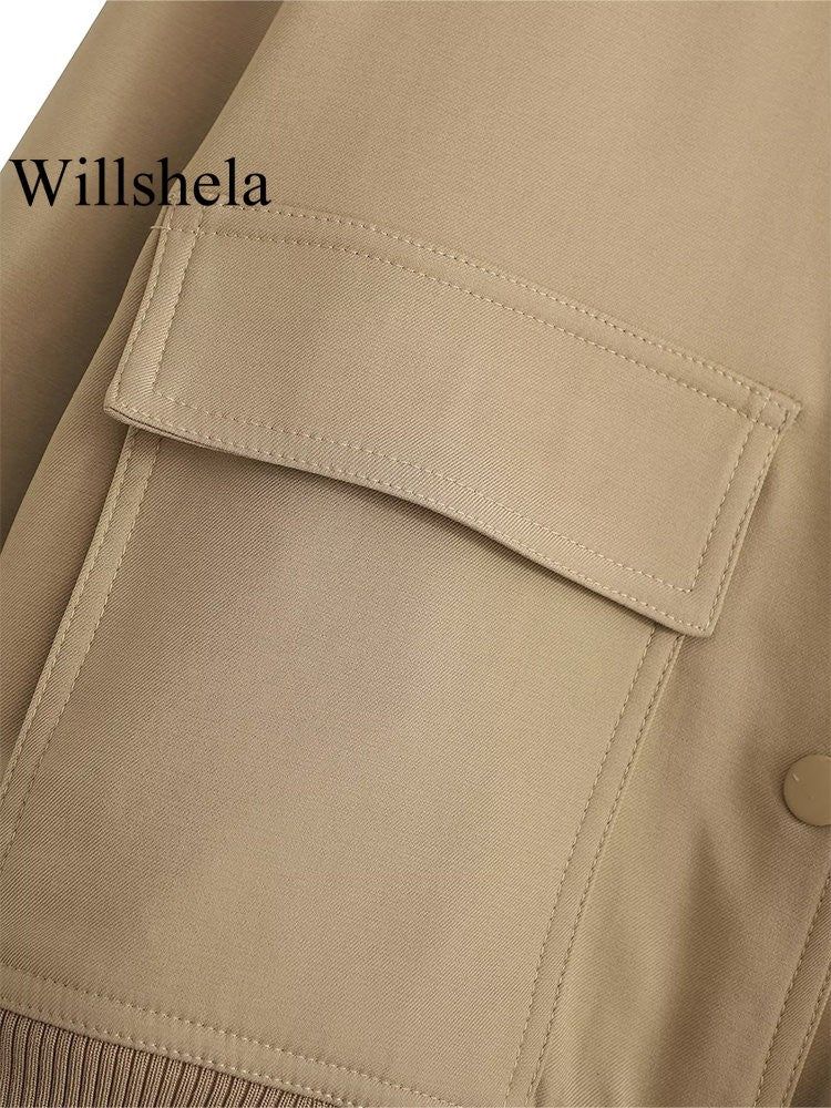 Willshela Women Fashion Solid Bomber Jackets Coat With Pockets V-Neck Single Breasted Long Sleeves Female Chic Lady Outfits
