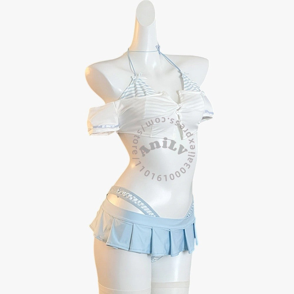 AniLV Anime Summer Beach Vacation Stripe Bikini Student Swimsuit Outfits Cosplay Costumes