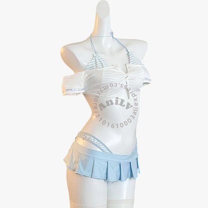 AniLV Anime Summer Beach Vacation Stripe Bikini Student Swimsuit Outfits Cosplay Costumes