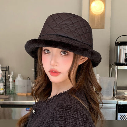 Chapéu de balde coreano feminino celebridade da Internet, marca moderna, quente e espesso, chapéu de bacia, moda versátil, imitação de vison, chapéu de balde de penas.