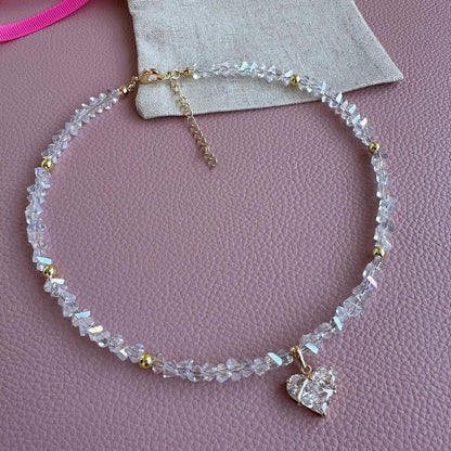 Colar Feminino Vintage de Moda Sexy com Pingente de Coração de Zircão Boho Geométrico Barroco com Corrente de Cristal Transparente